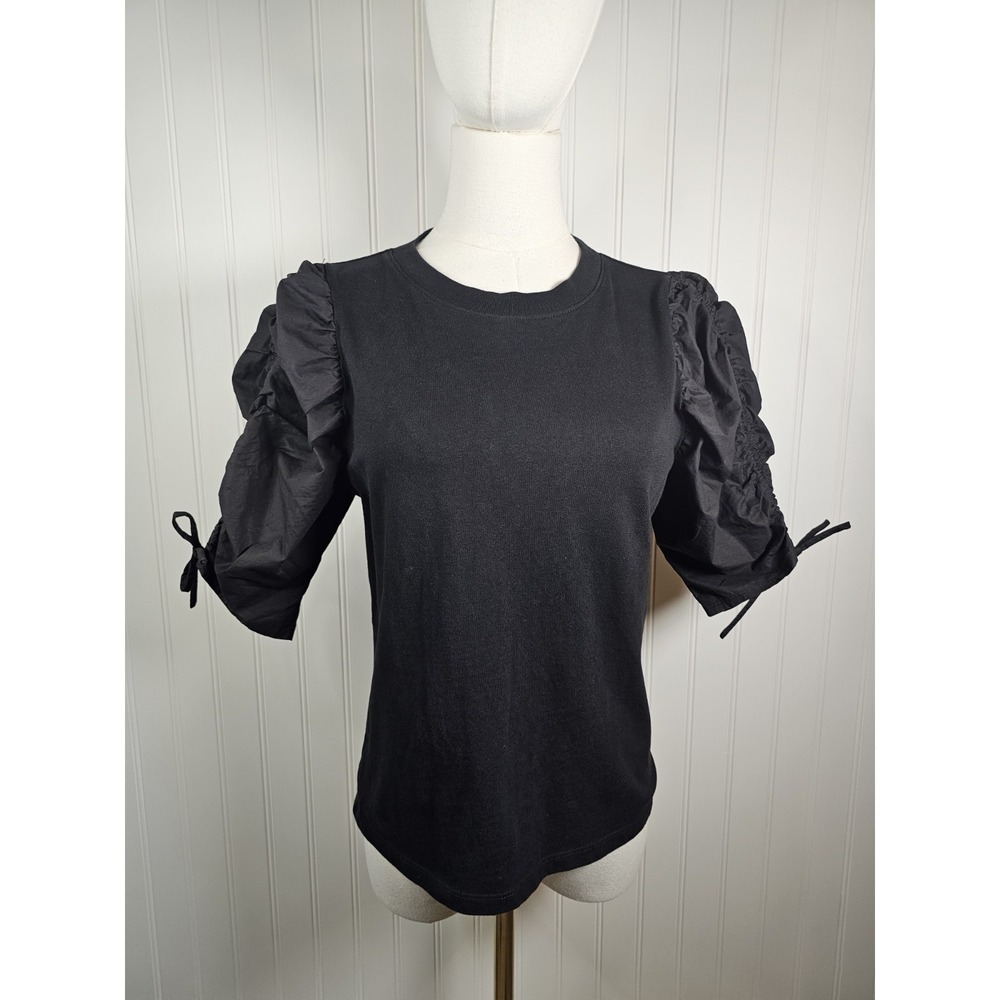 Frame Ruched Tie-Sleeve T-shirt Blouse Women's Size S Black Organic Cotton‎